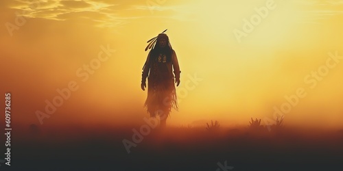 AI Generated. AI Generative. Native american indian western chief apache warrior in the fog mist cinematic shot. Graphic Art photo