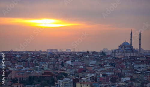 Sunset in Istanbul istanbul, turkey, mosque, city, view, panorama, landscape, sky, architecture, town, urban, cityscape, sunset, building, clouds, skyline, travel, europe, aerial, buildings, river