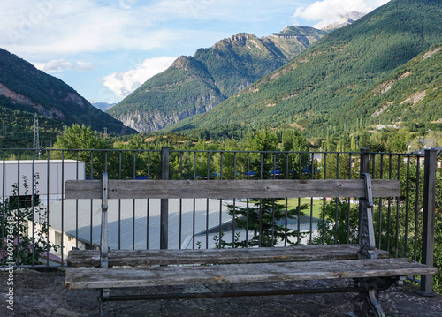 The empty bench Aragon, Biescas, Huesca, Spain, Europe, bench, solitude, peace, calm mountain, landscape, mountains, nature, sky, view, river, travel, summer, forest, clouds, scenic, panorama, outdoor © Fernando