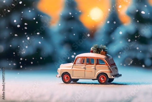 White retro toy car on christmas snow bokeh background, AI generated