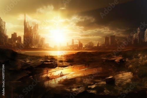 An abstract city on the ground with a bright sun, in the style of apocalyptic. Generative AI.
