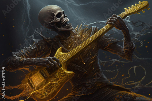 Drawing of a skeleton playing a guitar in the middle of a thunder storm. Generative AI.