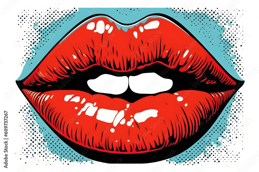 Red lips painted in pop art style illustration, AI generated
