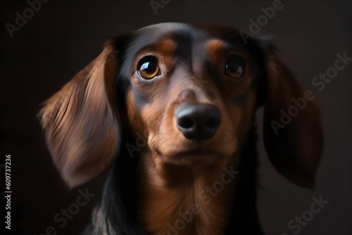 Studio portrait of brown dachshund on dark background, AI generated