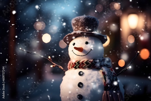 Funny snowman on christmas bokeh background, AI generated