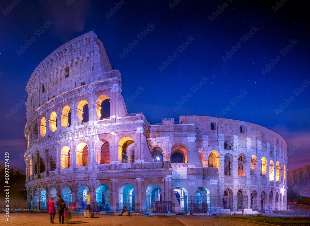 Colosseum at night during the blue hour, wide angle and long exposure, Rome, Italy