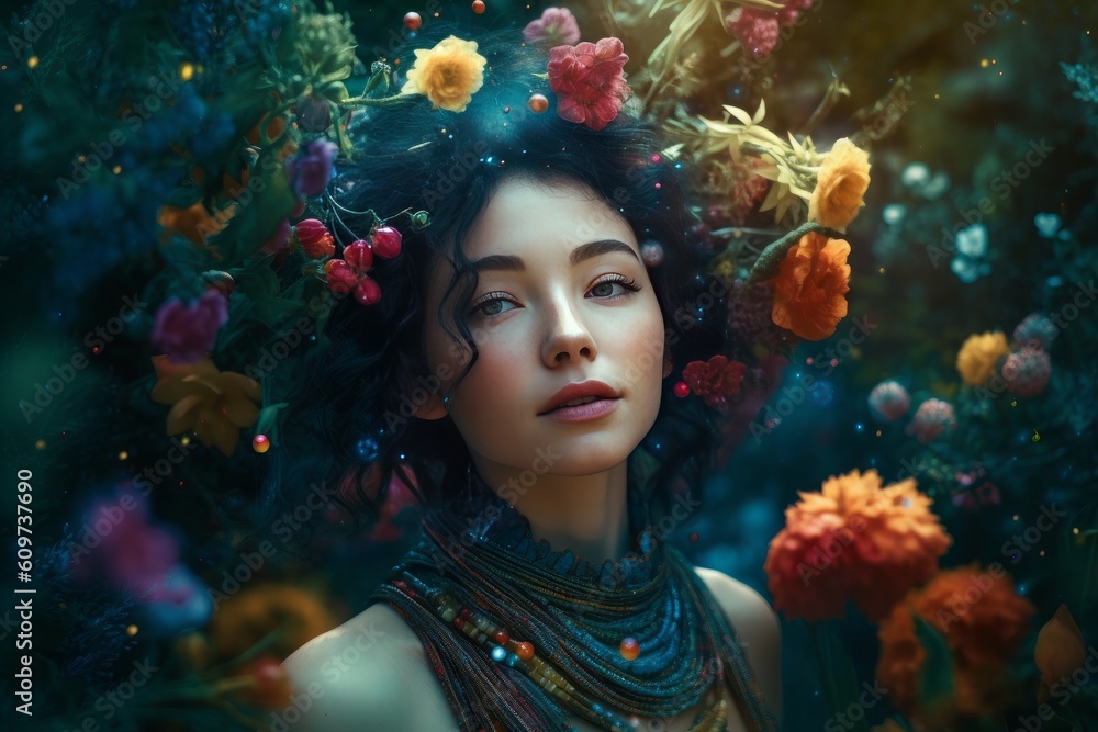 A woman is surrounded by flowers and surrounded by dark forest, in the style of vray tracing. Generative AI. A woman is surrounded by flowers and surrounded by dark forest, in the style of vray tracing. Generative AI.