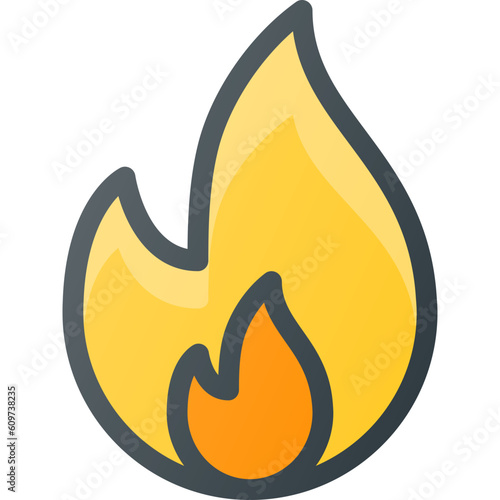 A vibrant, flat-design icon of a yellow and orange fire flame, symbolizing heat, burning, energy, passion, danger, or warmth, isolated on white.