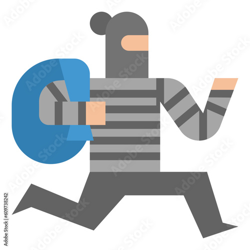 A flat-design icon of a cartoon-style burglar, wearing a striped shirt and mask, running away with a large bag of stolen goods. Represents crime and theft.