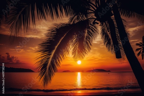 The silhouette of a palm tree Beautiful sunset on a tropical sea beach background for holiday leisure time . Generative AI