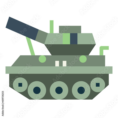  A minimalist, flat design icon of a green military tank with a raised cannon, symbolizing war, defense, army, and combat, isolated on white.
