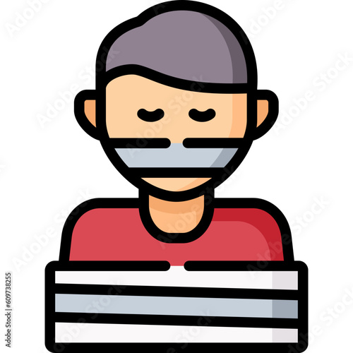 Flat design icon of a kidnapped person with tape on mouth and body, symbolizing hostage, crime, abduction, danger, or restriction. Useful for security, crime, or safety illustrations.