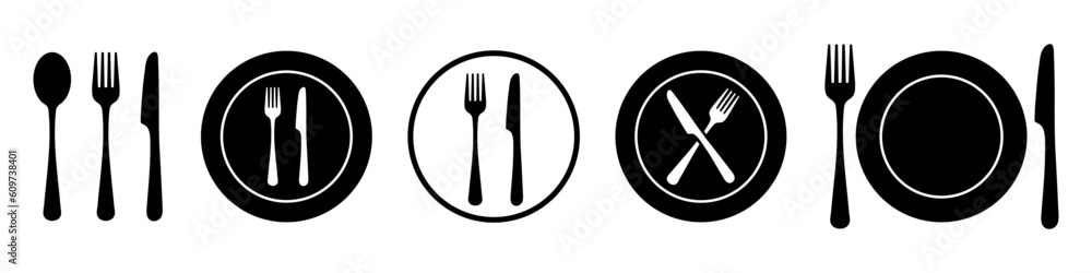 Fork, knife and plate icons set. Logotype tableware. Vector illustration. - obrazy, fototapety, plakaty 