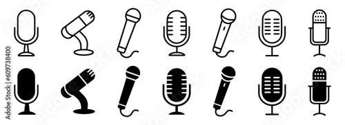 Microphone icon set. Linear, silhouette style.