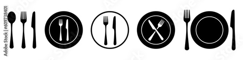 Fork, knife and plate icons set. Logotype tableware. Vector illustration.