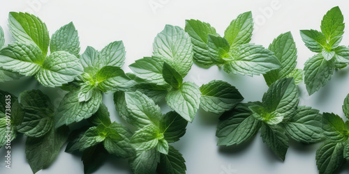 Top view of fresh green peppermint leaves with dewdrops on white. Mint wallpaper, beautiful plant background template for banner. Generative AI professional photo imitation.