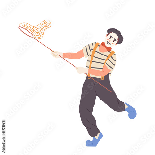 Happy joyful mime actor clown cartoon character with scoop-net dancing and showing pantomime