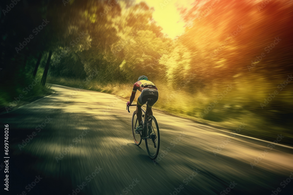 Naklejka premium rear view of person riding a street bike at sunset
