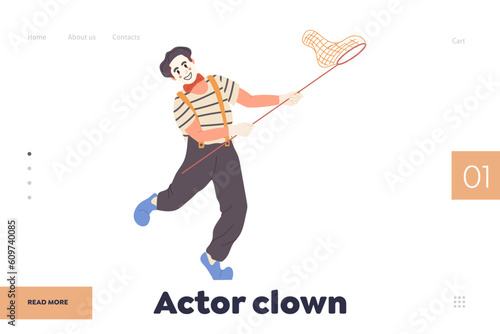 Actor clown landing page design template with overjoyed comic cartoon character performing show