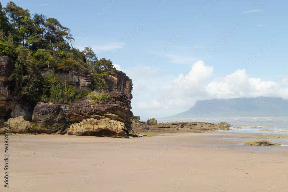 Cliff in Bako national park, sunny day, blue sky and sea. Vacation, travel, tropics concept