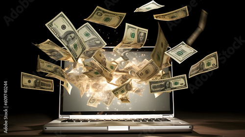 notebook exploding money, dollar coming out of computer screen, generative ai