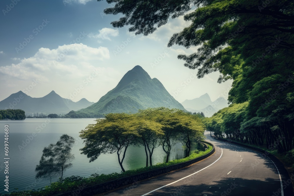 Fototapeta premium Natural view of an asphalt road and a mountain with a lake in Hangzhou, China. Generative AI