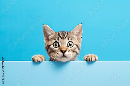 Surprised Cute Kitten Above Blue Banner on Blue Background. AI generative. © fotoyou