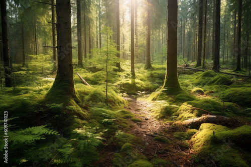 scandinavian forest with many trees  lots of green moss and sunshine made with Generative AI