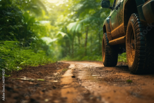 Four wheel drive SUV is driving on muddy road in jungle. Jeep on safari after rain. Car racing offroad. Created with Generative AI