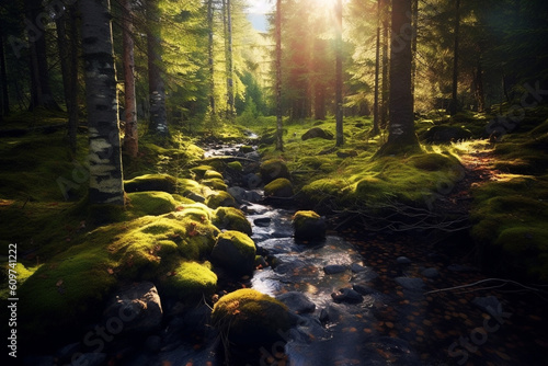 scandinavian forest with many trees and a river, lots of green moss and sunshine made with Generative AI