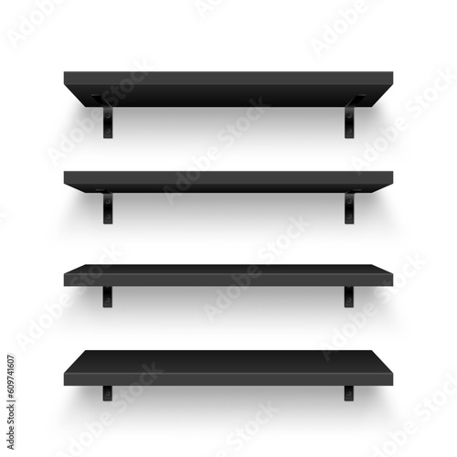 Realistic black store shelves with wall mount. Empty product shelf, grocery wall rack. Mall and supermarket furniture, bookshelf. Modern interior design element, room decoration. Vector illustration