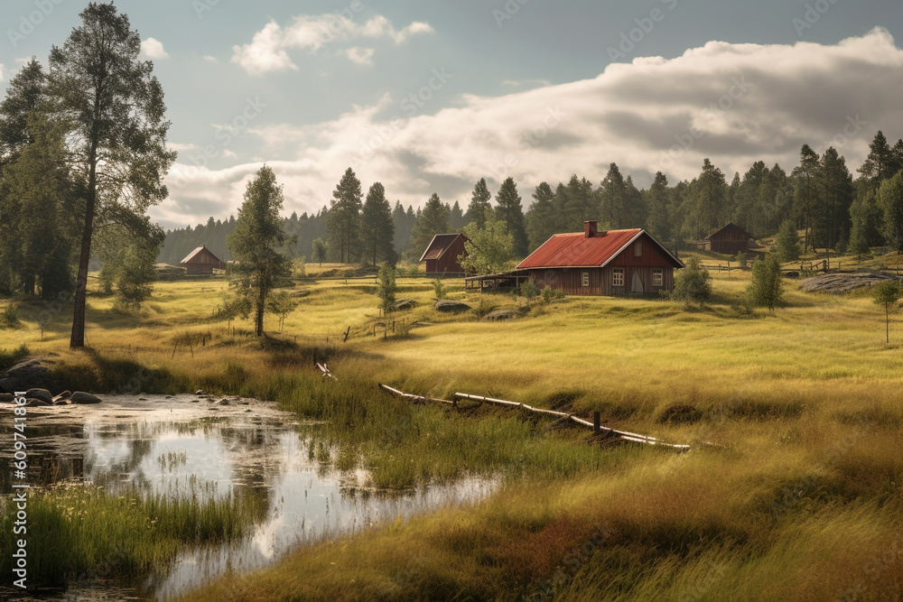 stunning scandinavian landscape with red house, a lake and sunshine made with Generative AI