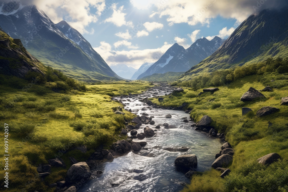 stunning scandinavian landscape with mountains, many pine trees and sunrise made with Generative AI