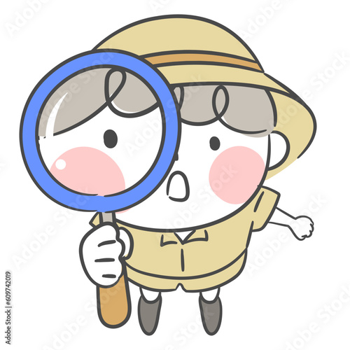 돋보기로 관찰하는 탐험가 캐릭터 일러스트