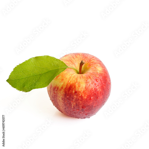 Red apple with a green leaf. Isolated on white background