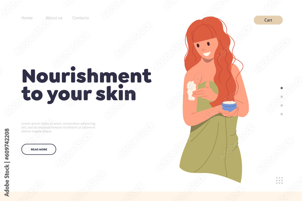 Nourishment to your skin idea for landing page with happy young woman character applying body cream Nourishment to your skin idea for landing page with happy young woman character applying body cream