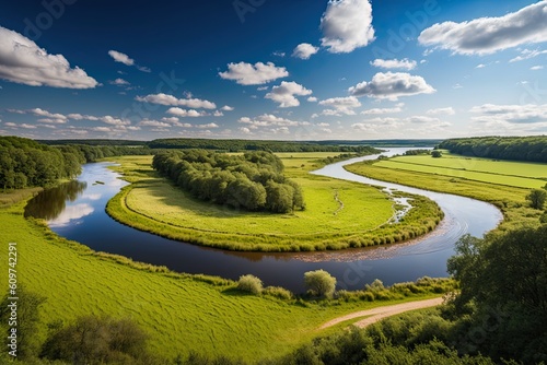 Maasvallei, Limburg, Netherlands: Beautiful quiet rural Dutch scenery, naturally curved flow of the Maas River, lush woodland, beautiful summer sky. Generative AI photo