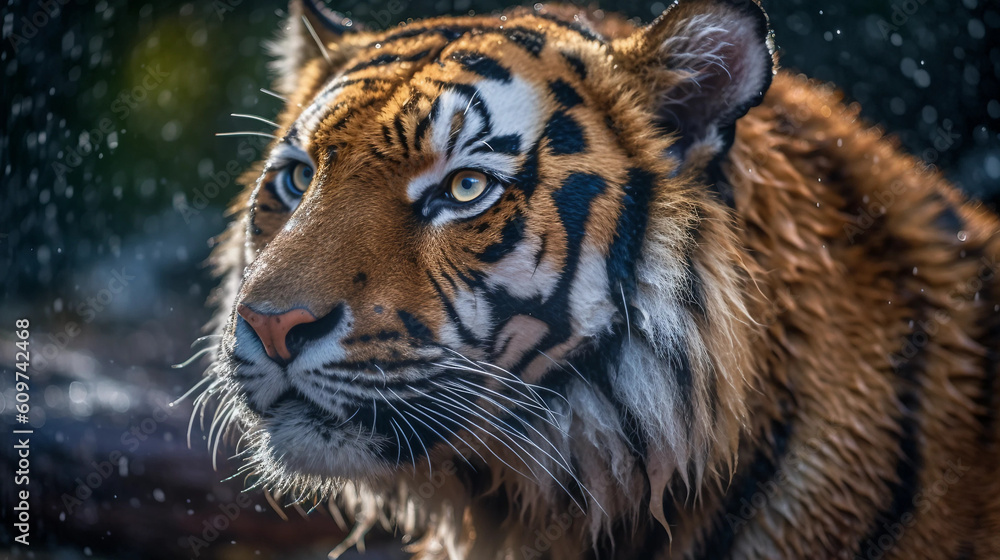 Naklejka premium The majestic tiger strides through the verdant landscape, its vibrant orange coat contrasting with the lush greenery. Its powerful frame exudes a sense of untamed strength, every sinew and muscle defi