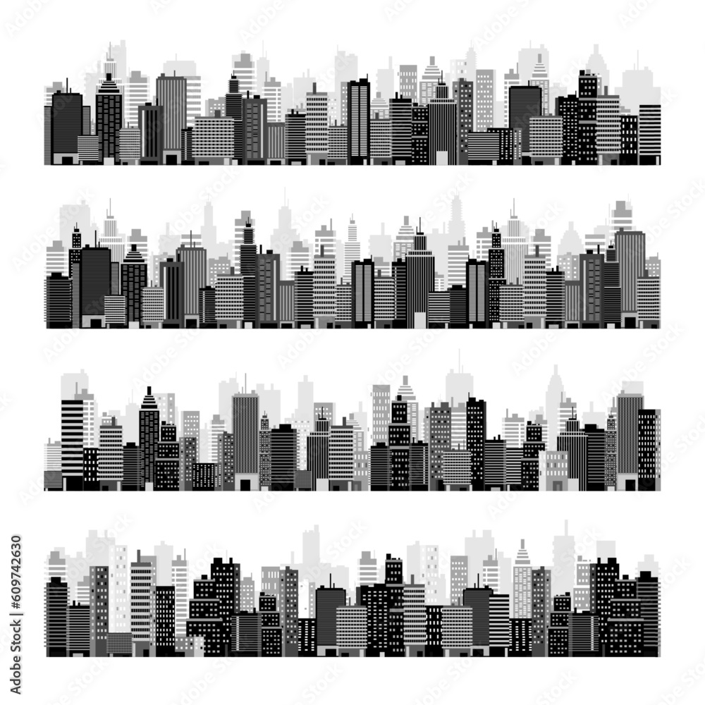 City silhouettes. Cityscape, town skyline, horizontal panorama. Midtown, downtown with various buildings, houses and skyscrapers. Vector illustration