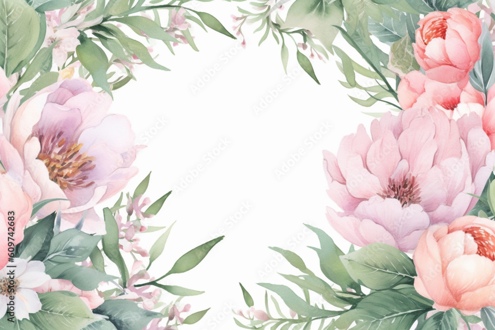 Floral leaves border. Watercolor illustration isolated on white. Floral clipart for wedding invitation, greeting cards, save the date, stationery design, AI generation