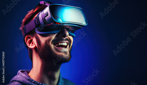 Smiling man wearing a virtual reality headset Generative AI © DrArt