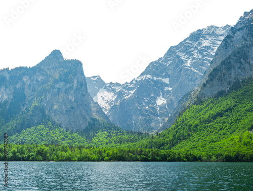 generic mountain landscape with lake and forest over white sky background