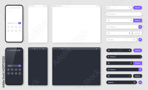 Smartphone, blank internet browser window with various search bars. Web site engine with search box, address bar and text field. UI design, website interface. Dark, light modes. Vector illustration