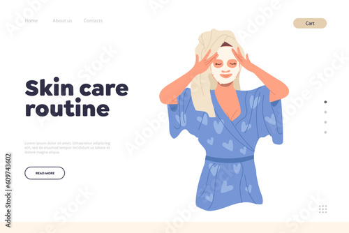 Skin care routine landing page with satisfied young woman applying face clay mask for rejuvenation
