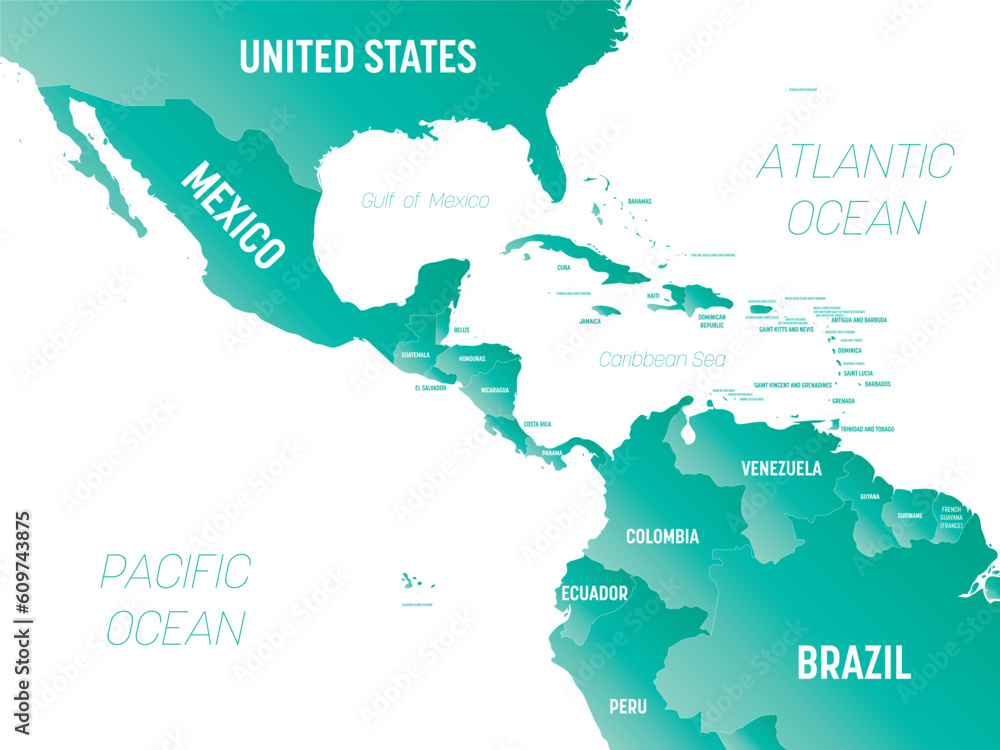 Central America - high detailed political map Central American and Caribbean region with country, ocean and sea names labeling.