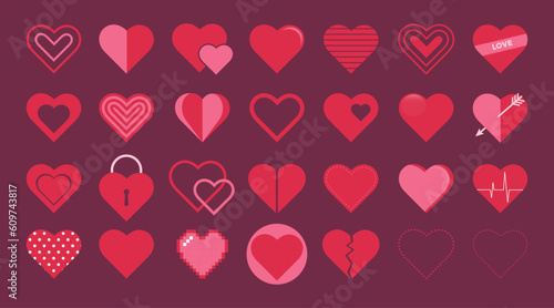 Heart icon. Hearts line icons set in flat style. Valentine heart symbol. Vector stock illustration.