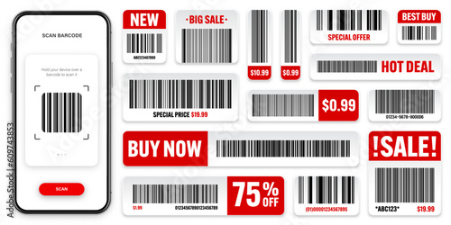 Product barcodes. Smartphone application, scanner app. Sale stickers, discount label or promotional badge. Serial number, product ID. Store, supermarket scan labels, price tag. Vector illustration