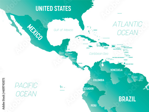 Central America - high detailed political map Central American and Caribbean region with country, ocean and sea names labeling.