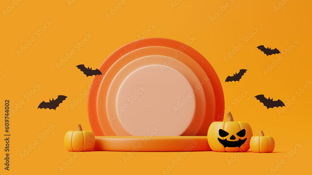 Jack-o-Lantern pumpkins with podium for product display and bats on orange background. Happy Halloween concept. Traditional october holiday. 3d rendering illustration