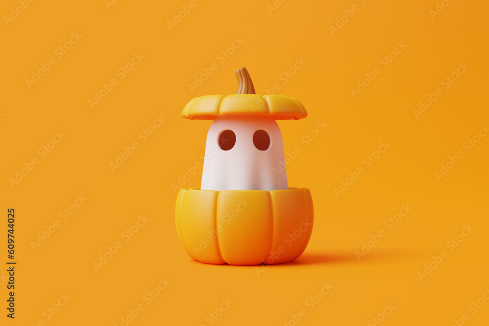 Simple halloween cartoon ghost peeks out of a Jack-o-lantern pumpkin on orange background. Happy Halloween concept. Traditional october holiday. 3d rendering illustration - obrazy, fototapety, plakaty 